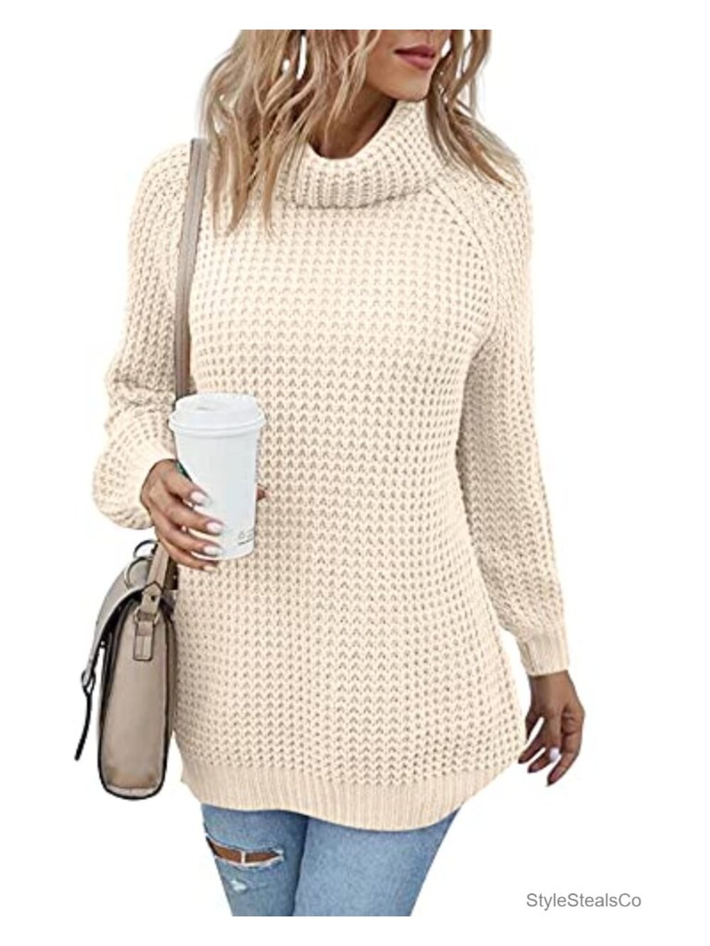 Turtleneck Sweater Oversized Lightweight Long Sleeve Chunky Knit Pullover - Picture 3 of 6